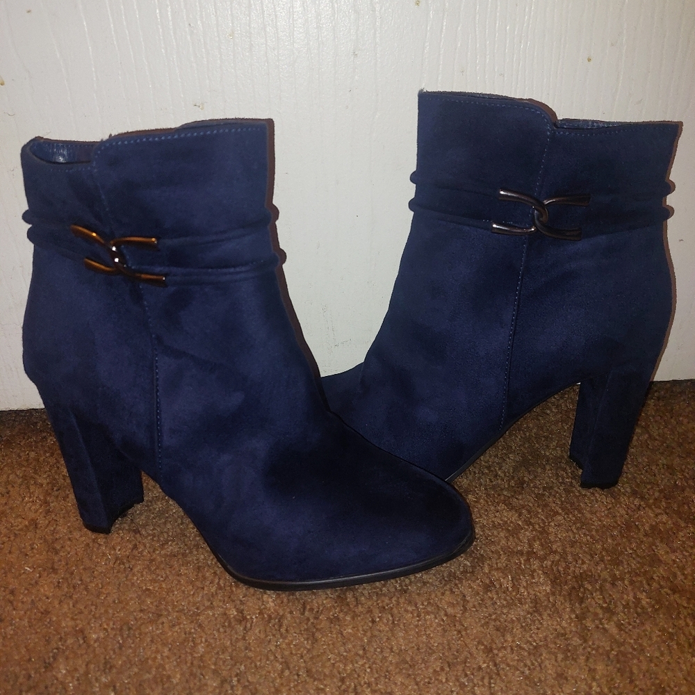 IMPO Ohara Women's Navy Blue Suede Heeled Ankle Boots With Zipper Size 9.5